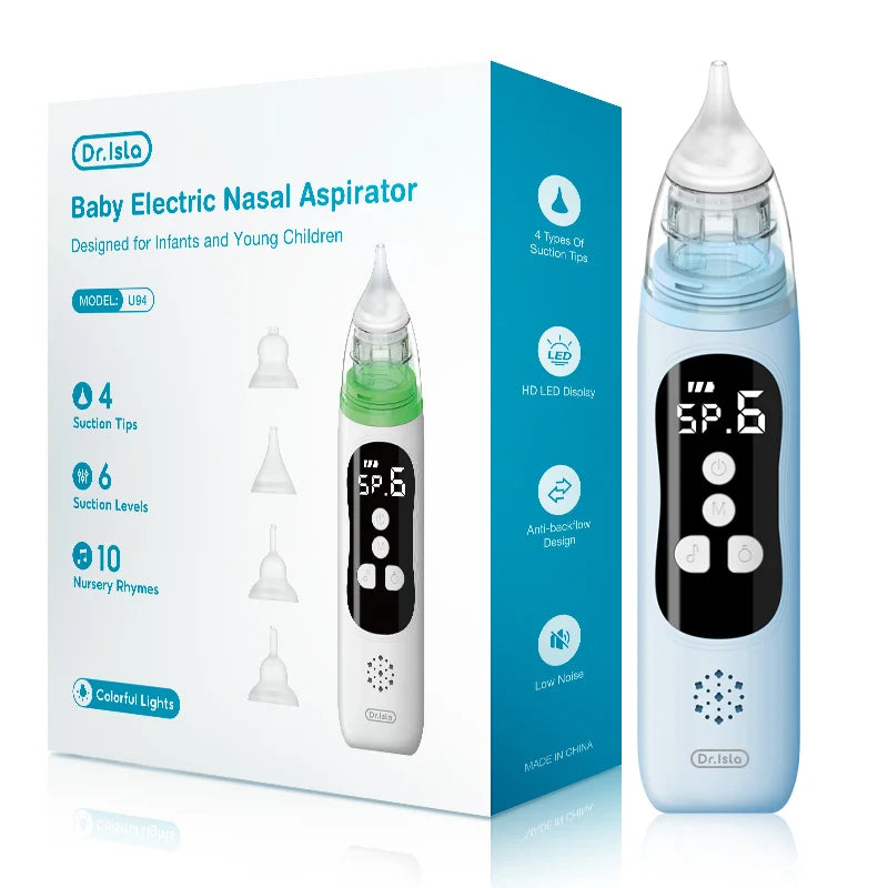 Dr. Isla baby electric nasal aspirator with LCD screen, 4 suction tips, and light blue design.
