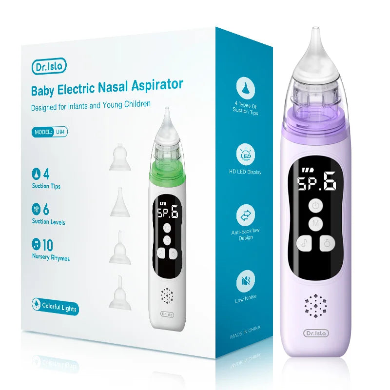 Dr. Isla baby electric nasal aspirator with LCD screen, 4 suction tips, and purple design.