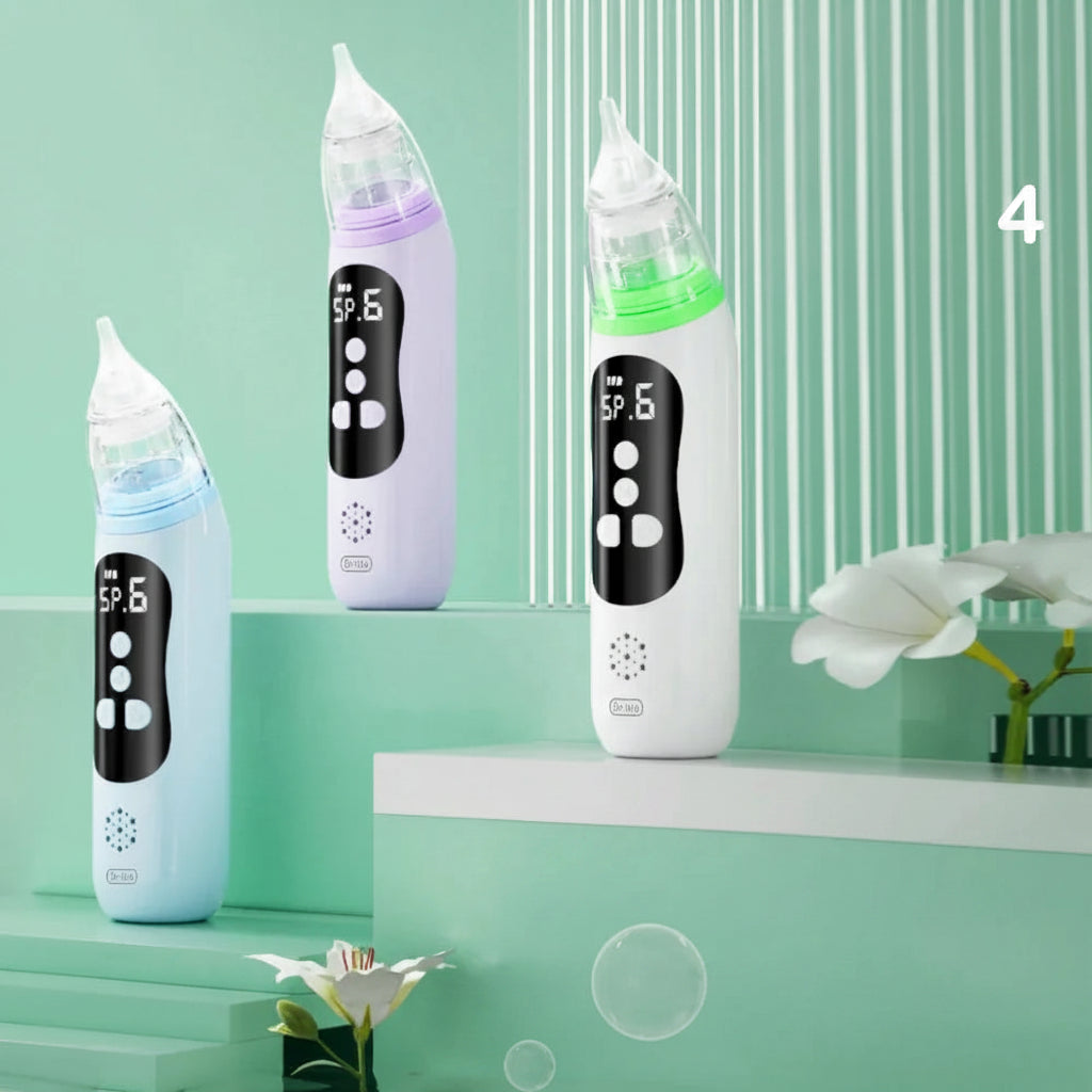 Three baby electric nasal aspirators in blue, purple, and white with LCD screens and silicone tips.