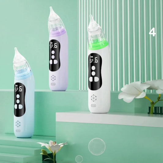 Three baby electric nasal aspirators in blue, purple, and white with LCD screens and silicone tips.
