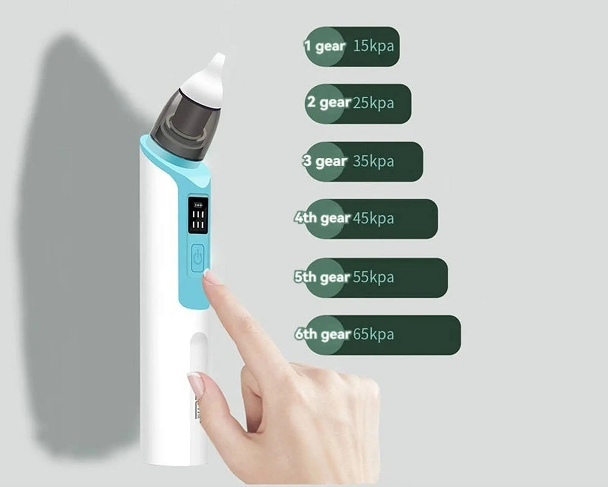 White and blue electric baby nasal aspirator with soft silicone tip, showing 6-speed suction levels.
