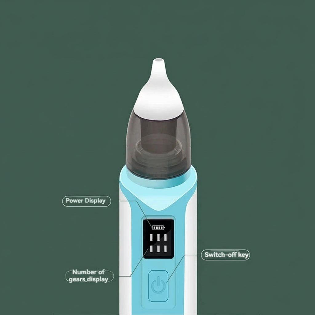 Rechargeable electric baby nasal aspirator with soft silicone tip, blue and white design, LCD display.