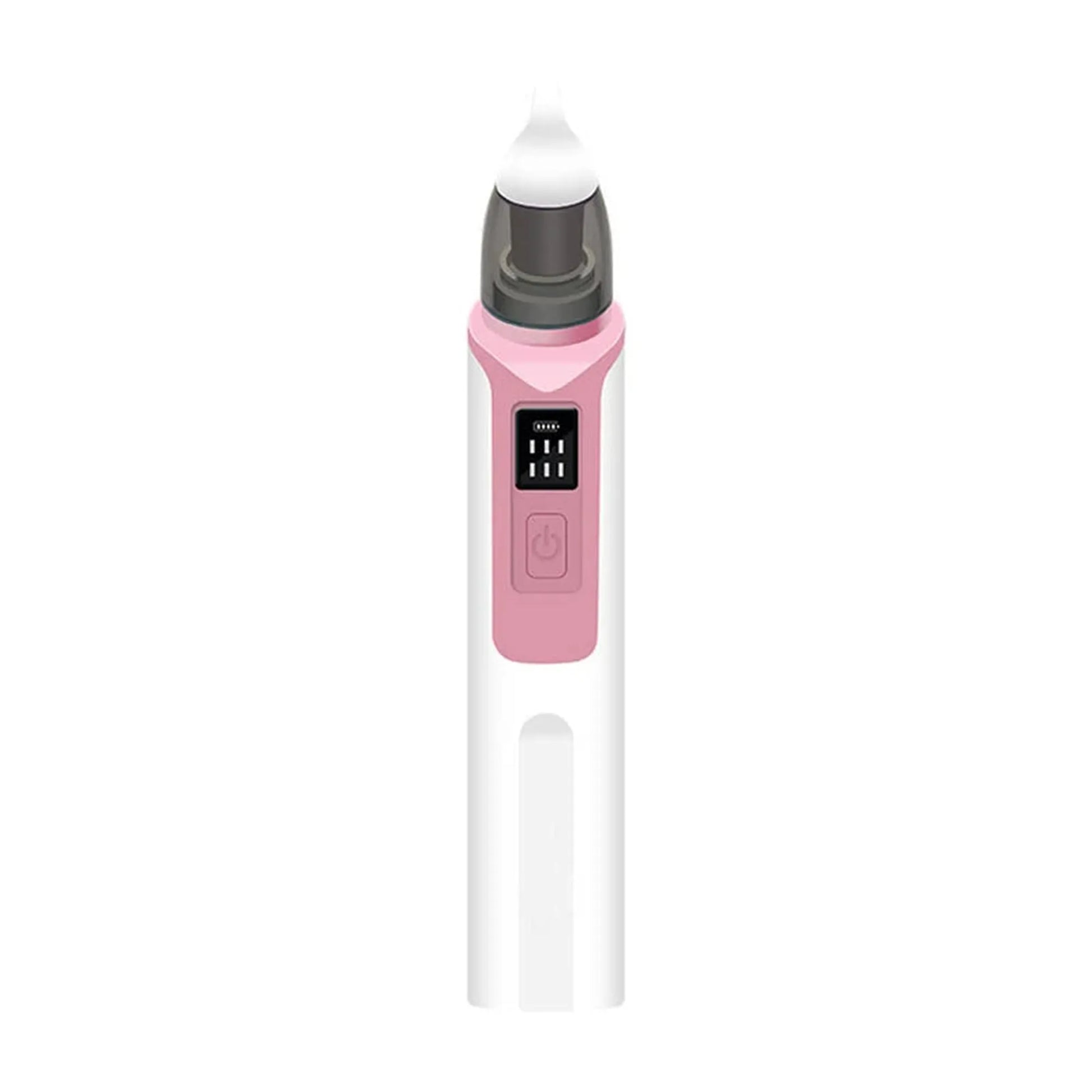 White and pink rechargeable electric baby nasal aspirator with soft silicone tip and digital display.