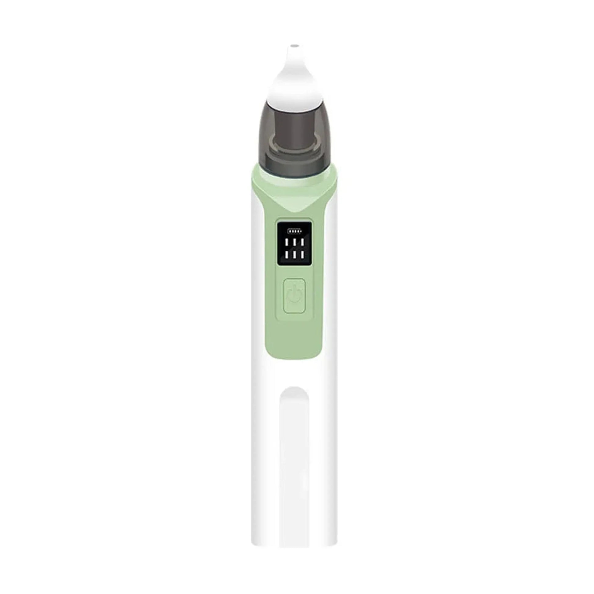 White and green rechargeable electric baby nasal aspirator with a soft silicone tip.