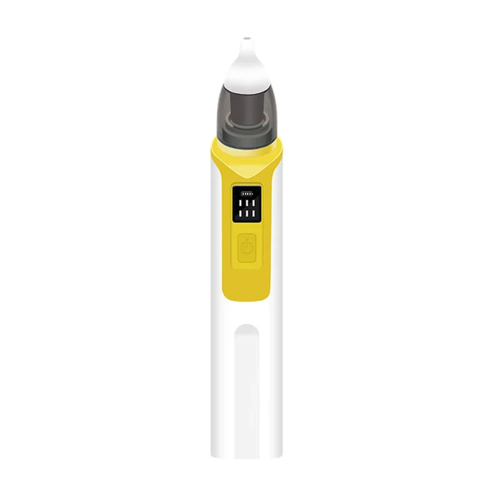 Rechargeable electric baby nasal aspirator with soft silicone tip, white and yellow design.