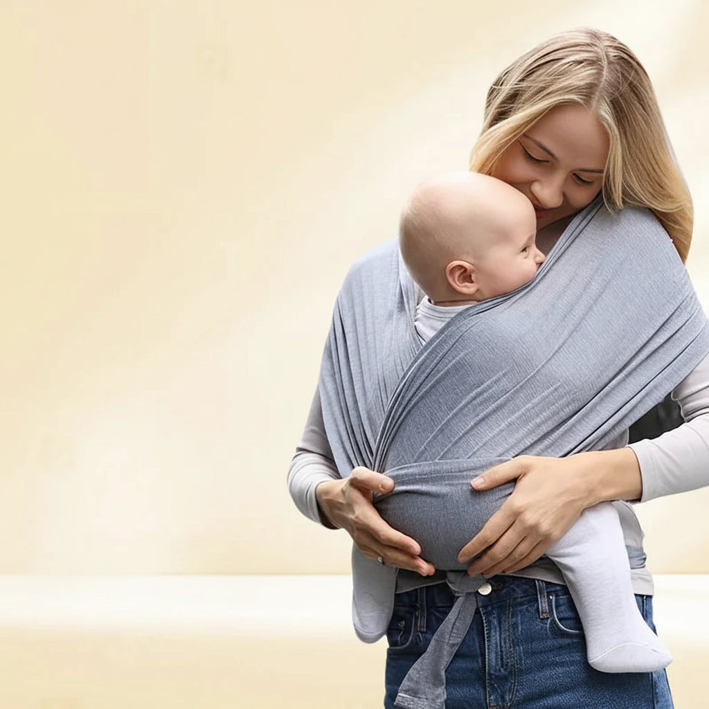 Smiling mother holding baby in a soft gray ergonomic cotton baby wrap carrier, promoting a snug environment.