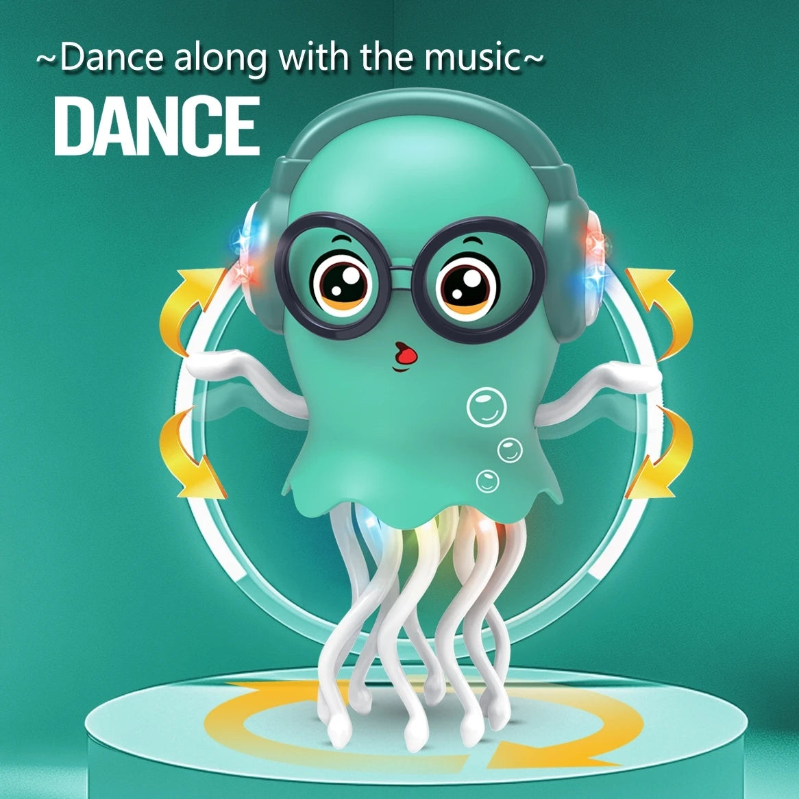 Interactive teal crawling jellyfish toy with LED lights, headphones, and obstacle sensor.