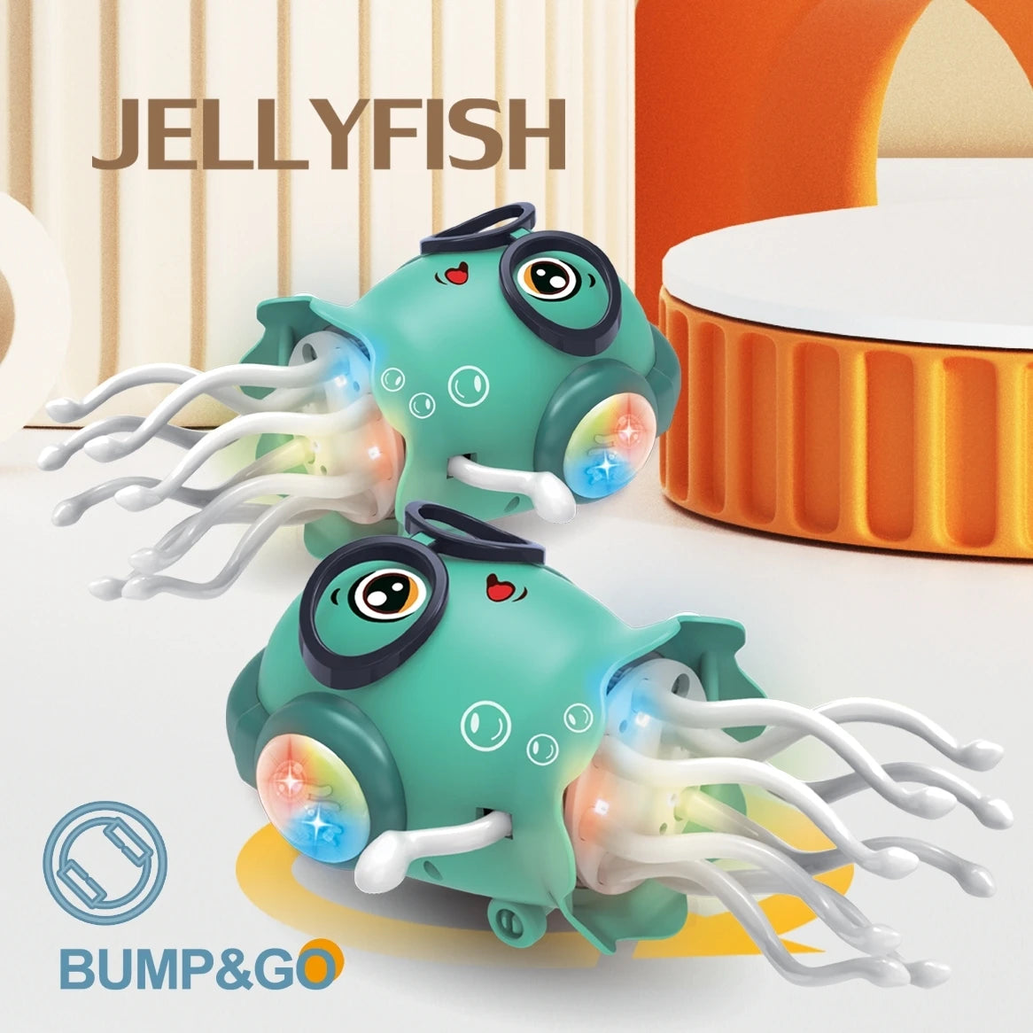 Two green interactive crawling jellyfish toys with LED lights and white tentacles on a light background.