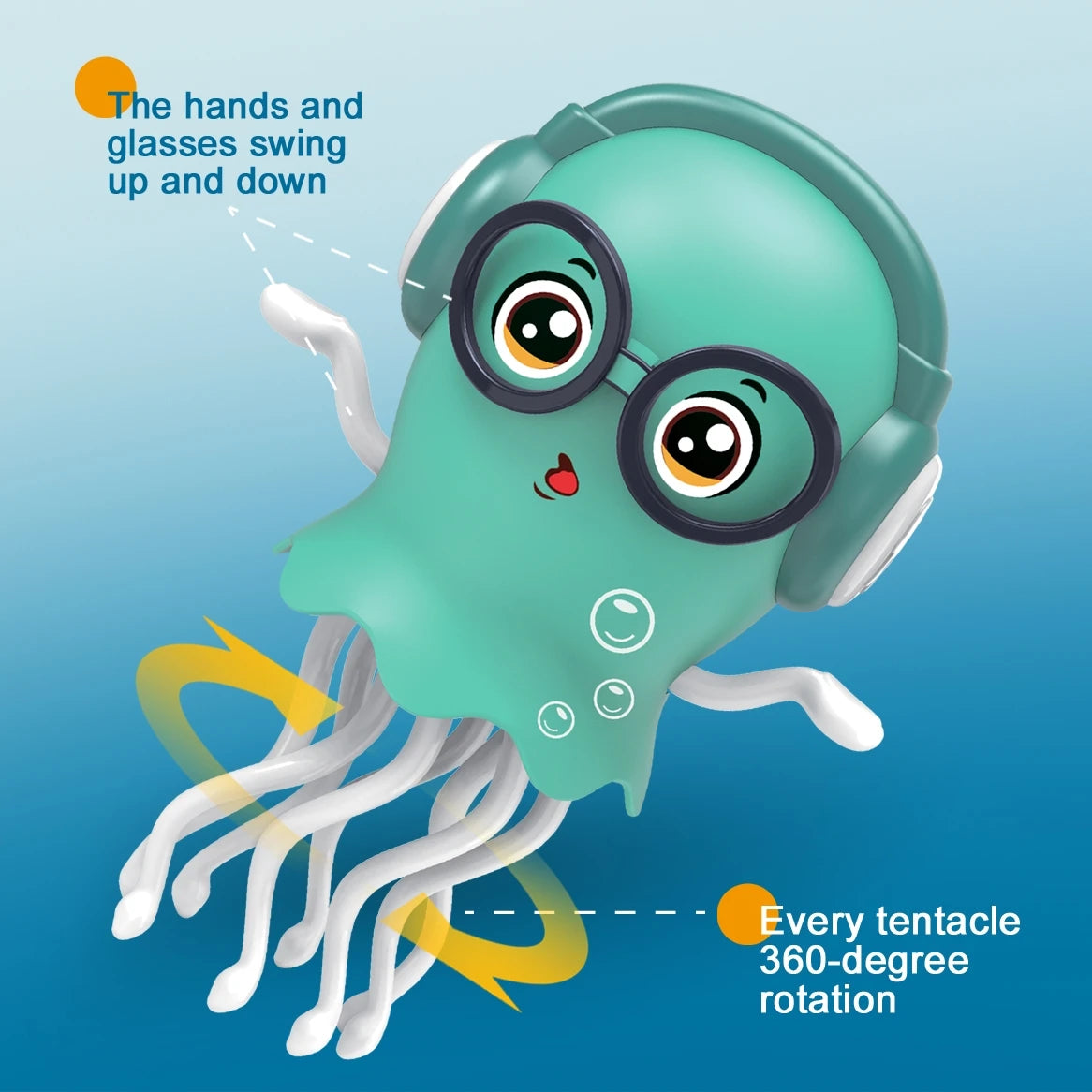 Interactive teal crawling jellyfish toy with headphones, glasses, swinging hands, and rotating tentacles.