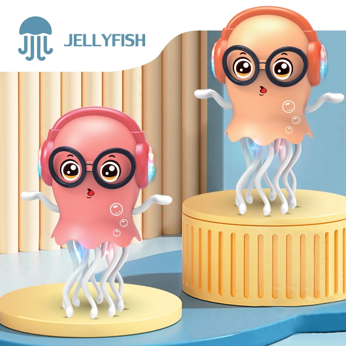 Two colorful crawling jellyfish toys with LED lights, headphones, and glasses on blue and yellow platforms.