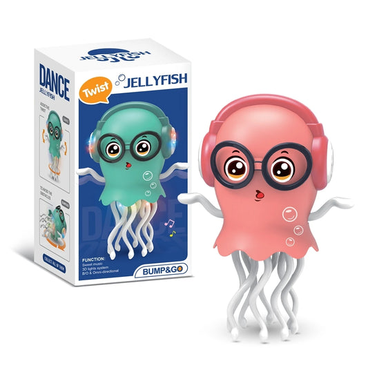 Pink and teal interactive crawling jellyfish toy with LED lights, headphones, and obstacle sensor.