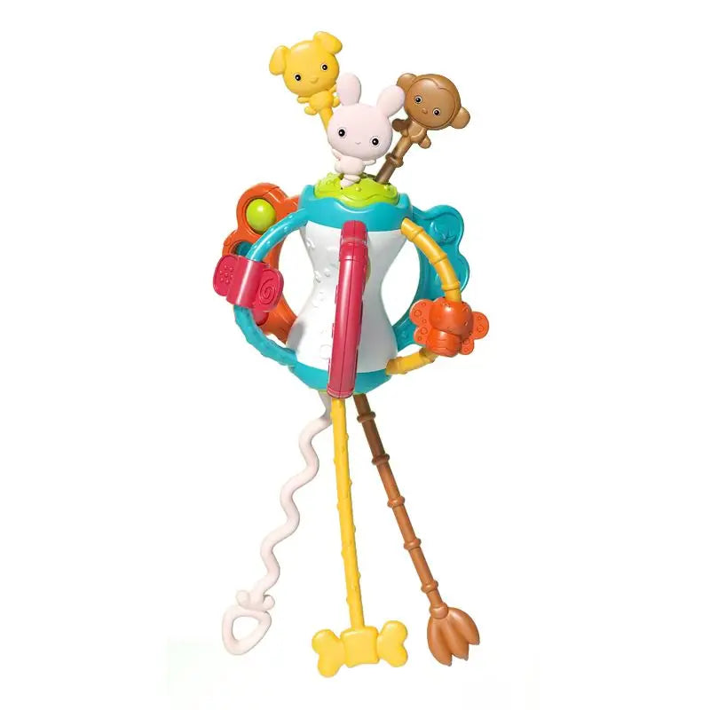 Montessori silicone sensory pull string toy with animal figures, pop-its, and varied textures.