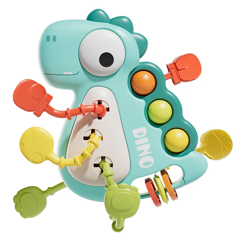 Montessori silicone dinosaur sensory pull string toy in teal with pop-it bubbles and textured ropes.