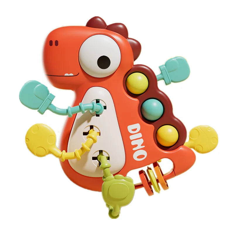 Orange dinosaur sensory pull string toy with pop-its, sliders, and textured silicone cords.
