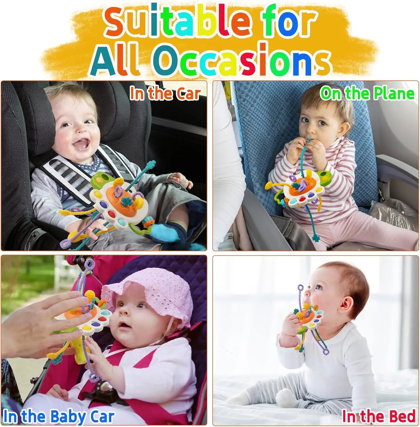 Montessori silicone sensory pull string teether toy with pop-its, shown with babies in car, plane, stroller, and bed.