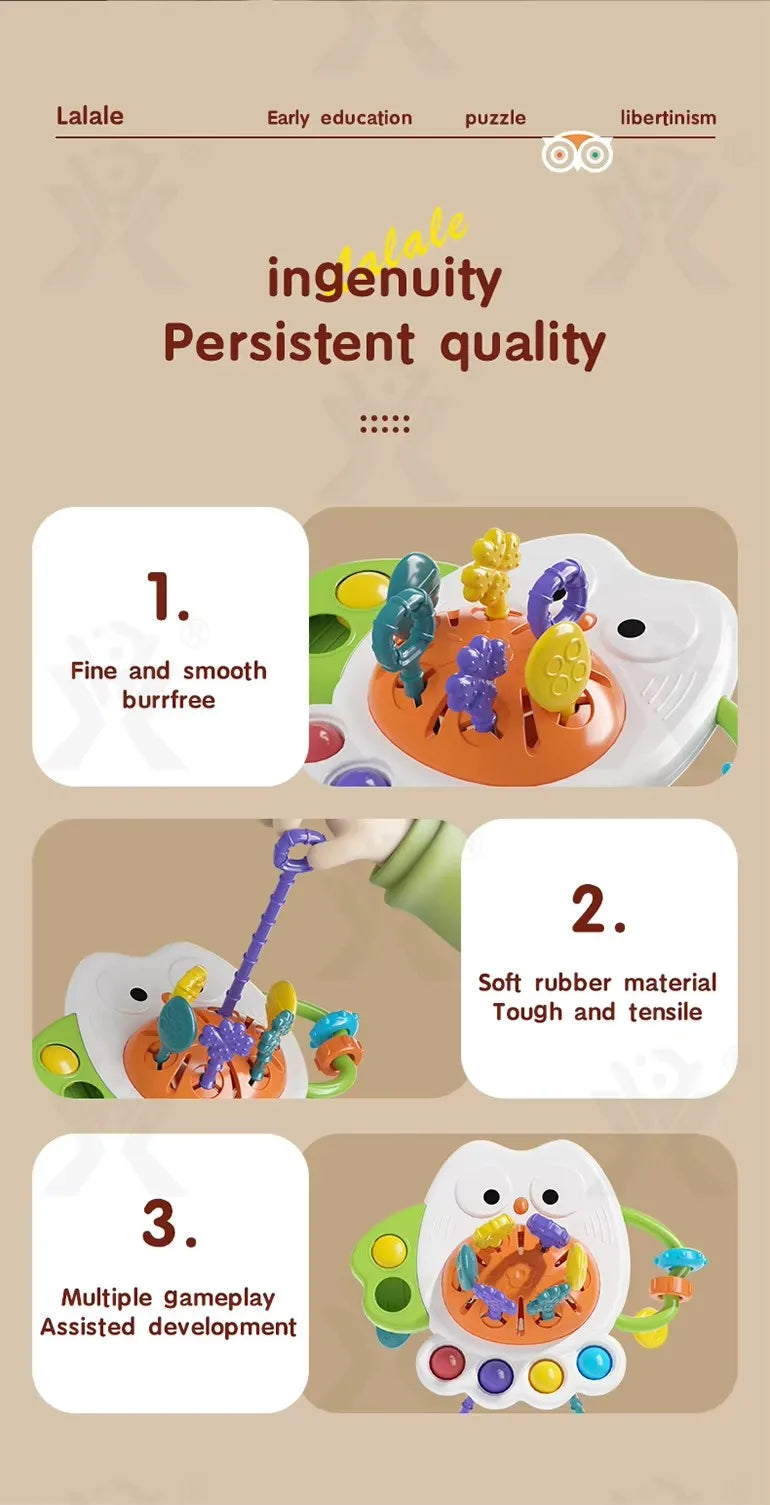Montessori silicone sensory pull string toy for babies, shaped like an owl with colorful textured strings and pop-it bubbles.