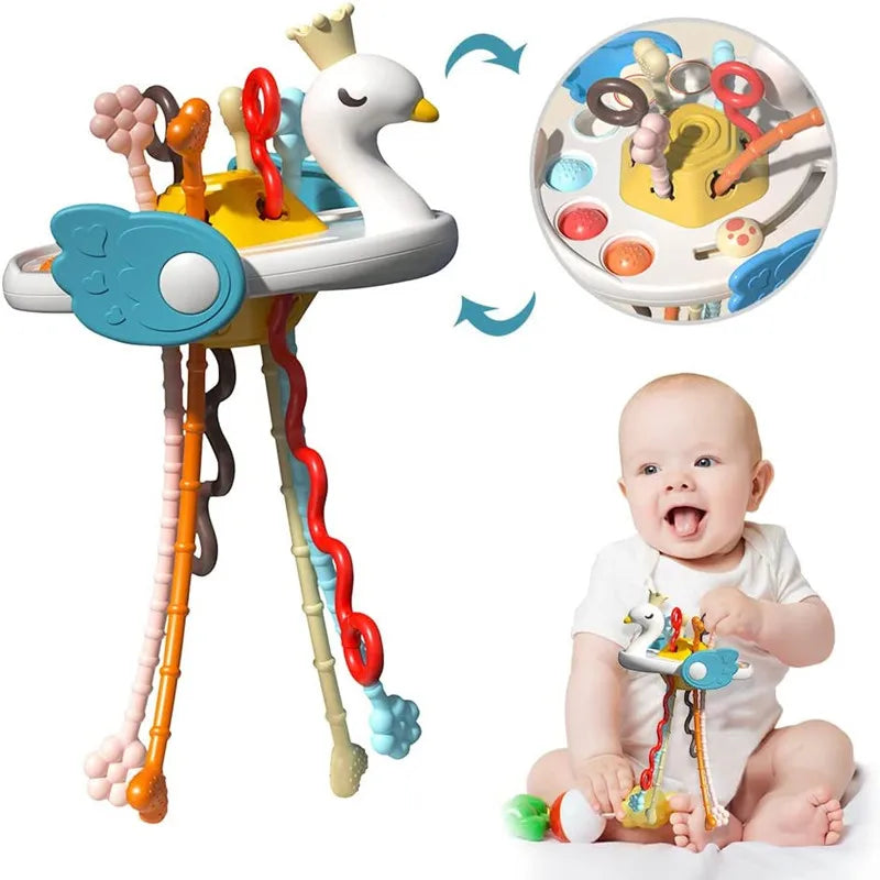 Montessori silicone swan teething toy with pull strings, pop-its, and sliding ball for sensory development.