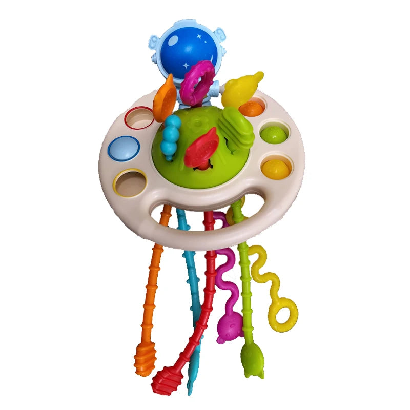 Colorful Montessori silicone sensory pull string toy with pop-its and textured cords.