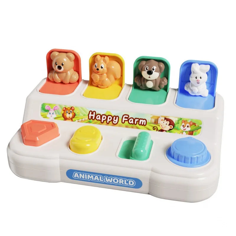 Interactive "Happy Farm" pop-up toy with colorful buttons and four animal figures: bear, squirrel, dog, and rabbit.