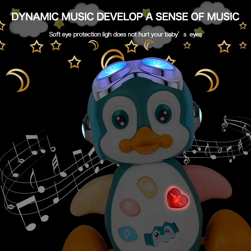 Interactive musical crawling penguin toy with glowing blue goggles and a red heart light.