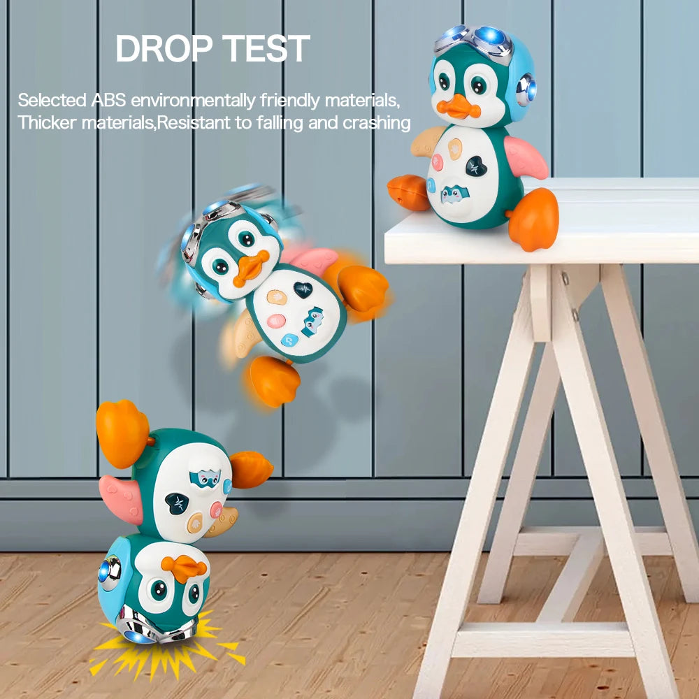 Interactive musical crawling penguin toy with lights, shown in a drop test, made of durable ABS plastic.