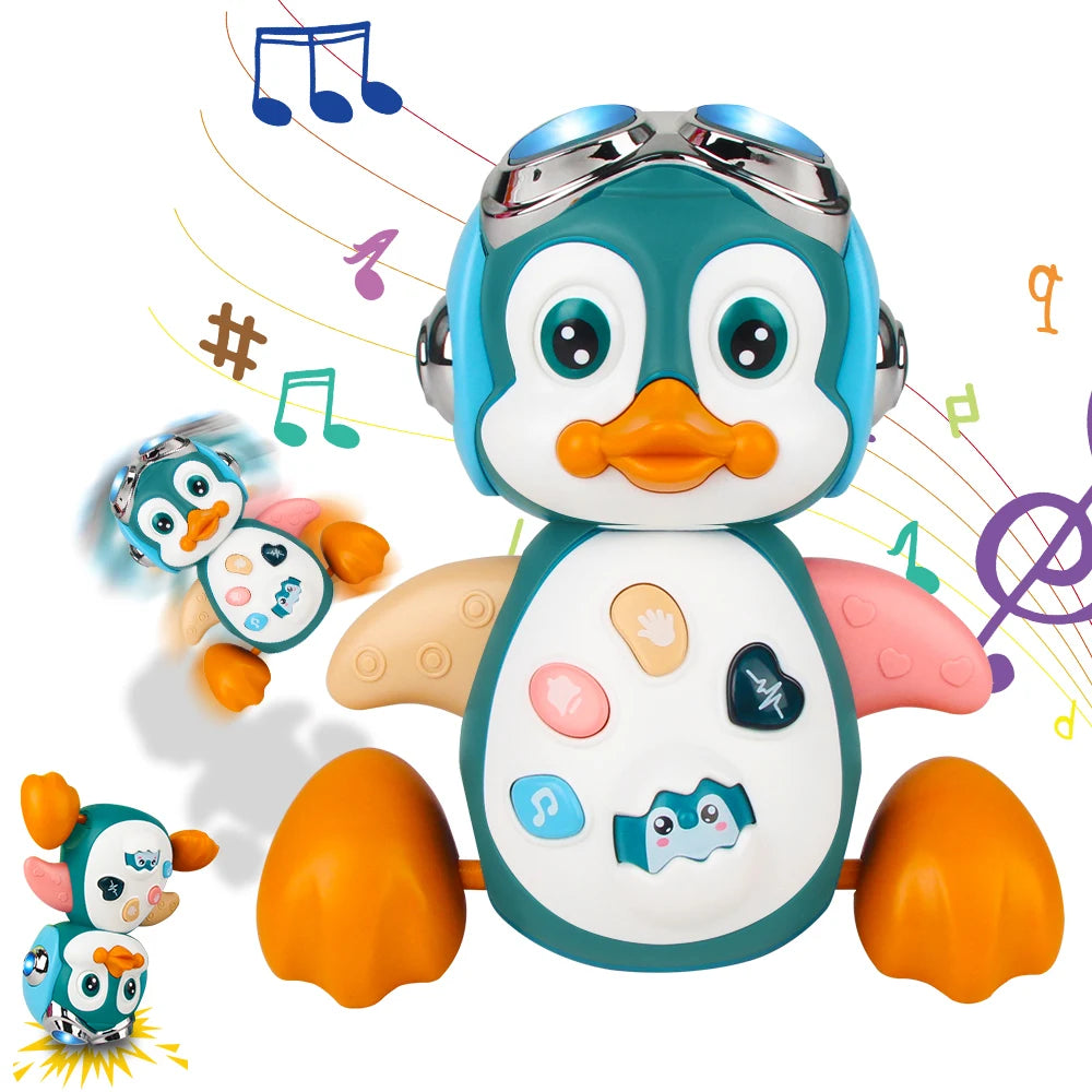 Crawling musical penguin toy with lights, interactive buttons, and aviator goggles.