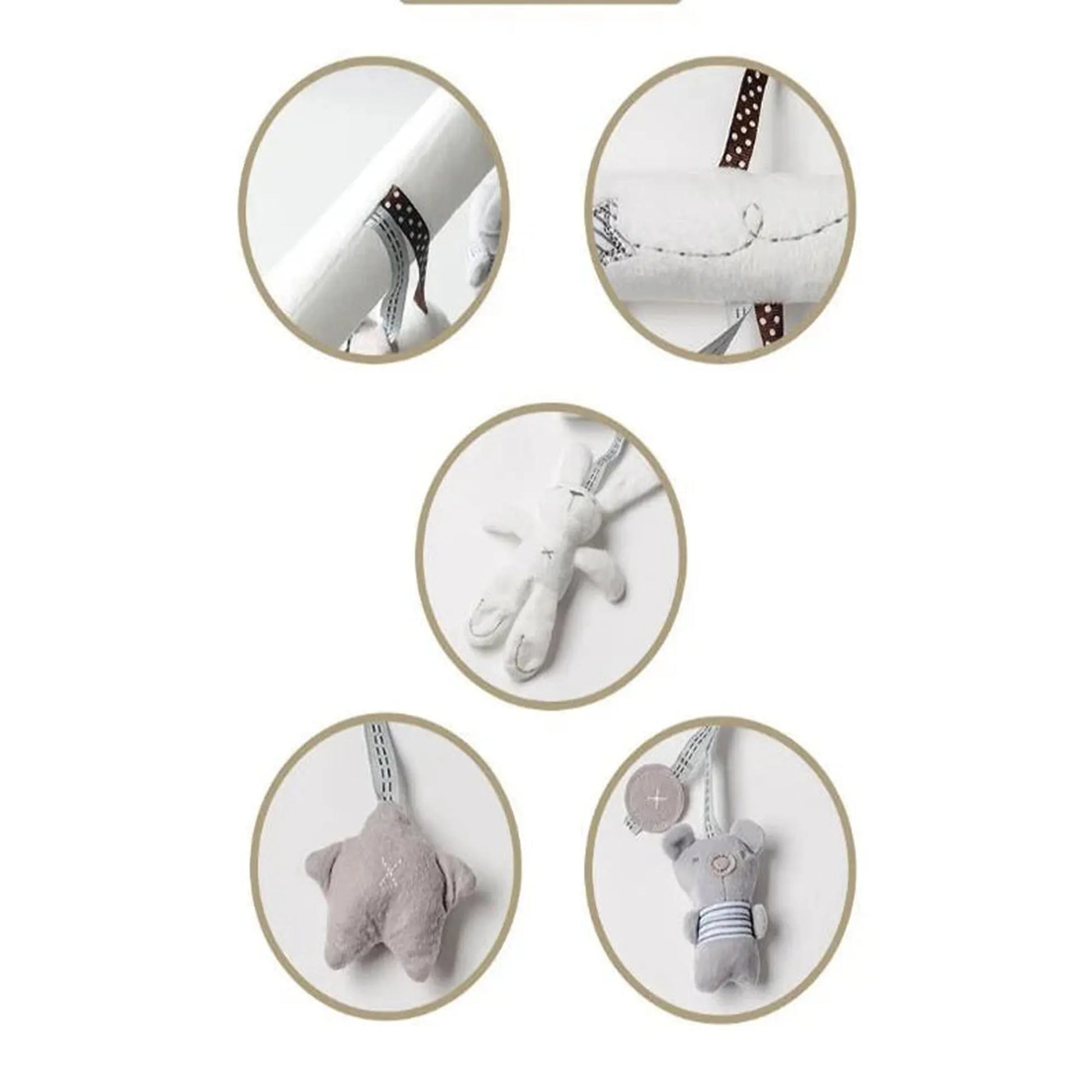 Soft plush baby rattle toy with hanging bunny, star, and elephant charms.