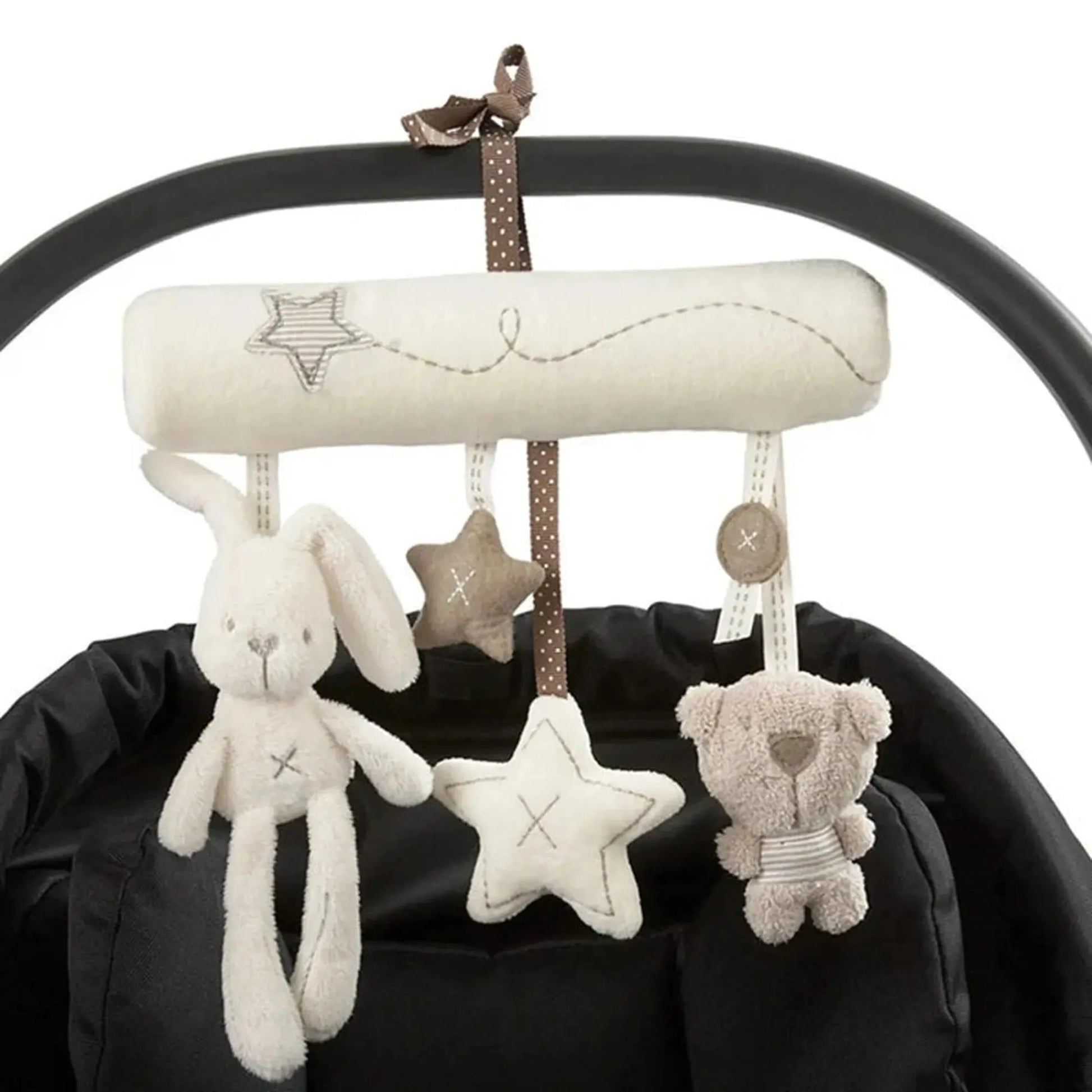 Plush beige bunny and teddy bear stroller rattle with star accents and brown polka dot ribbon.