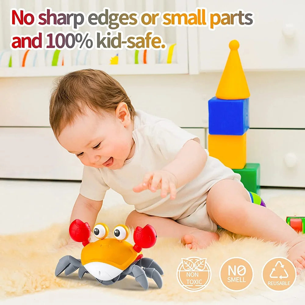 Yellow and gray interactive crawling crab toy with red claws, lights, and motion sensor, near a baby.