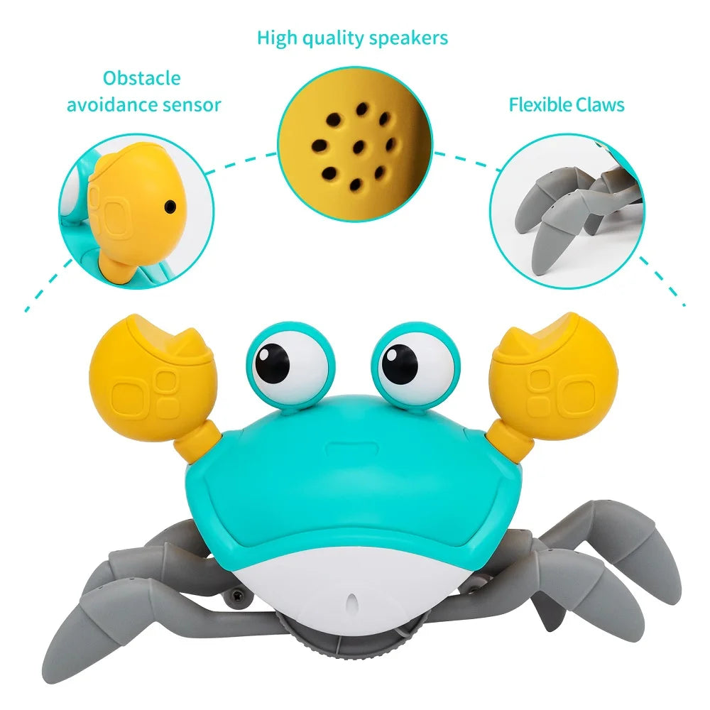 Interactive crawling crab toy with teal shell, yellow claws, and grey legs, highlighting sensors and speakers.