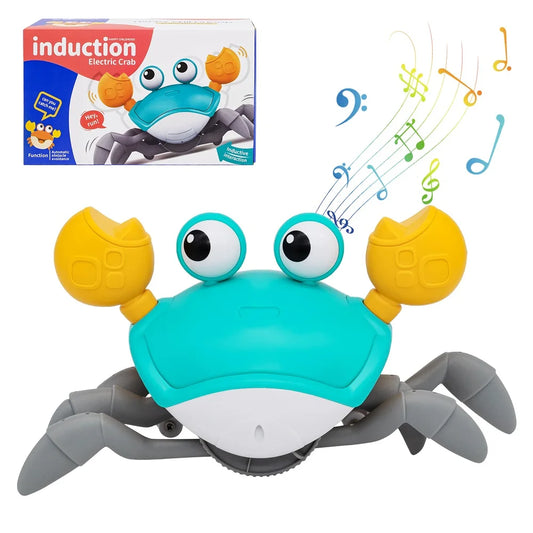 Blue and yellow interactive crawling crab toy with motion sensor, lights, and music.