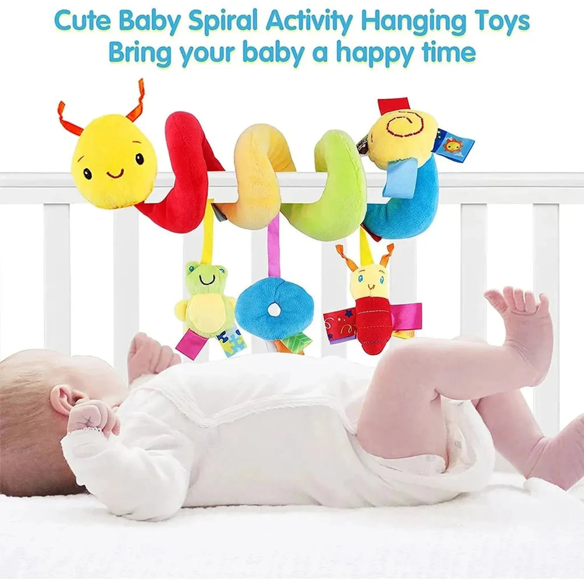 Colorful spiral baby activity toy with hanging plush animals over a baby in a crib.