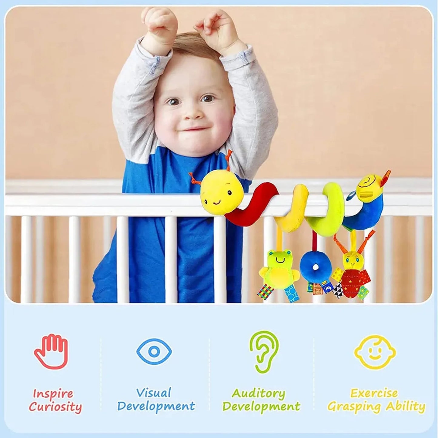 Colorful soft baby stroller toy with caterpillar, frog, and bee shapes, hanging in a crib.