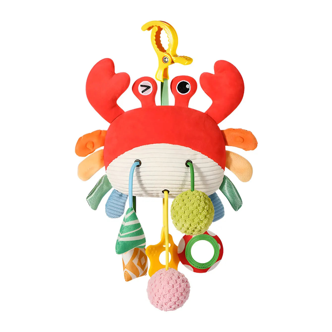 Soft red crab baby crib toy with pull mechanism, sounds, and colorful hanging elements.