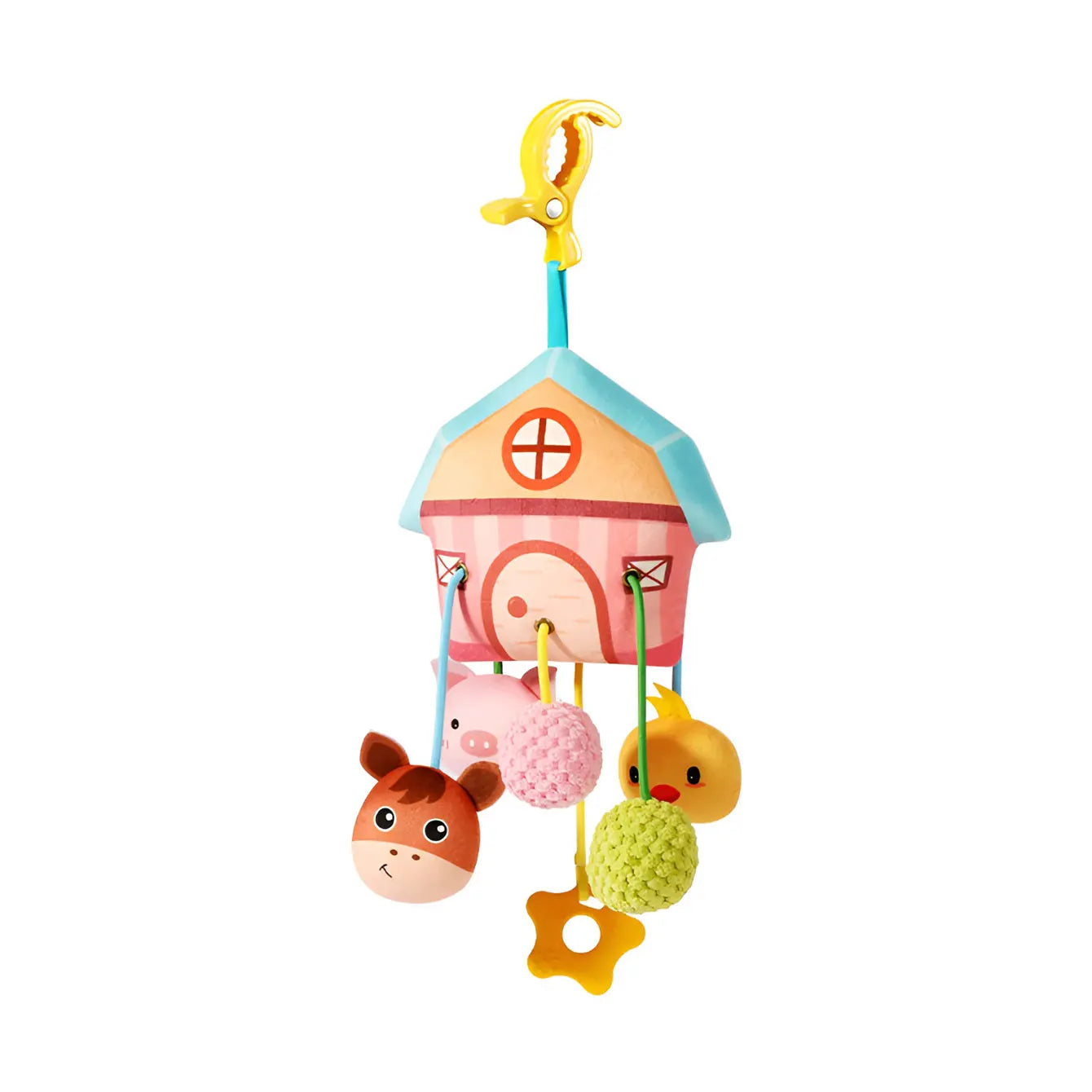 Soft fabric crib toy with colorful farm animals, pull mechanism, and sounds.