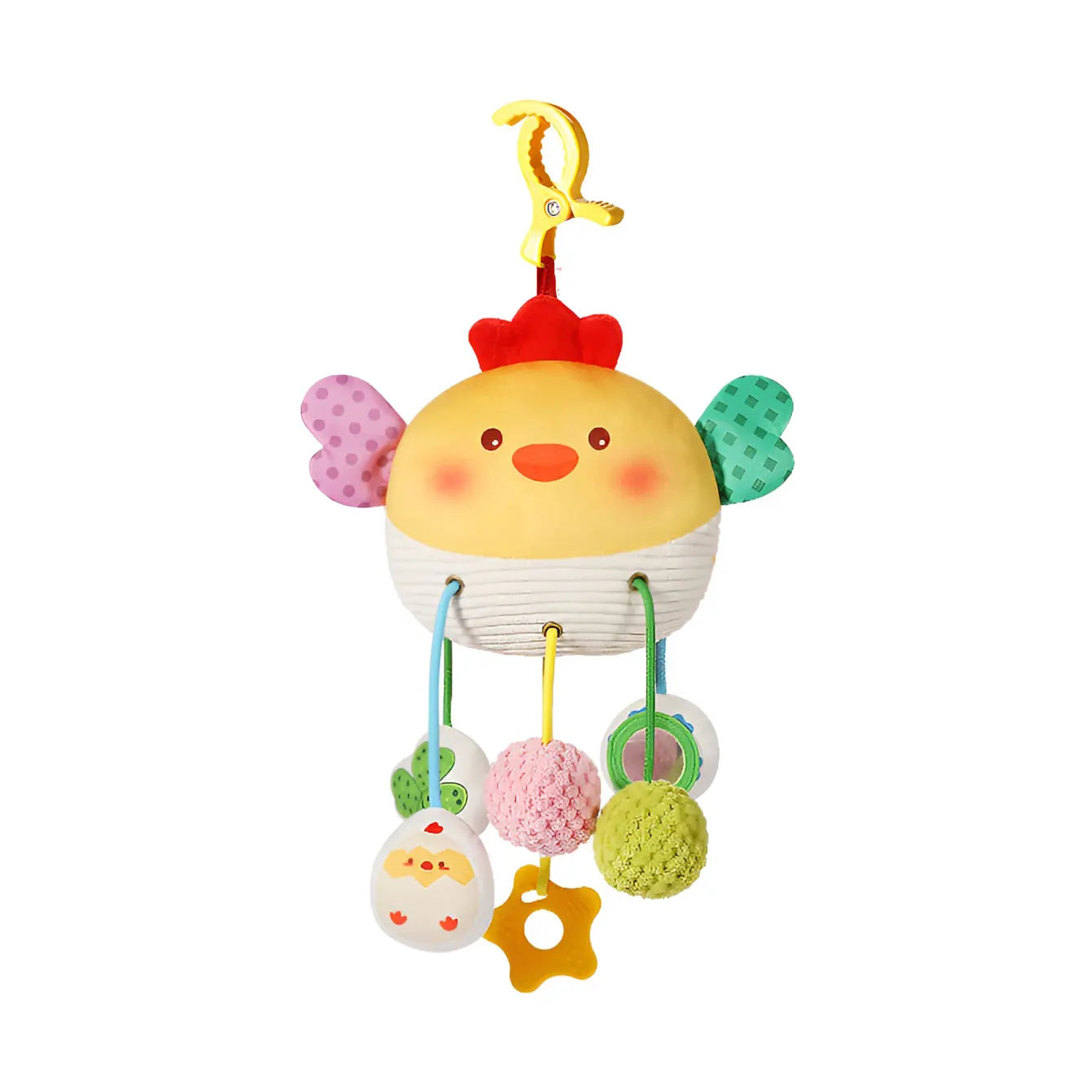 Soft yellow chick crib toy with pull mechanism, colorful wings, and dangling textured rattles.