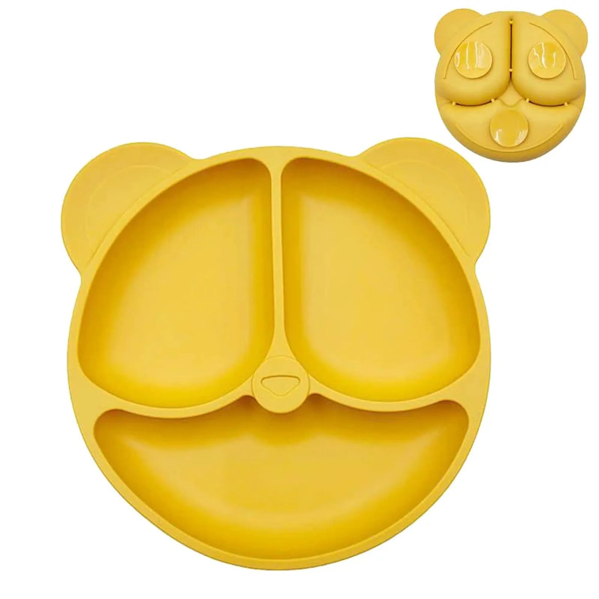 Yellow panda-shaped silicone baby plate with strong suction base and three divided sections.