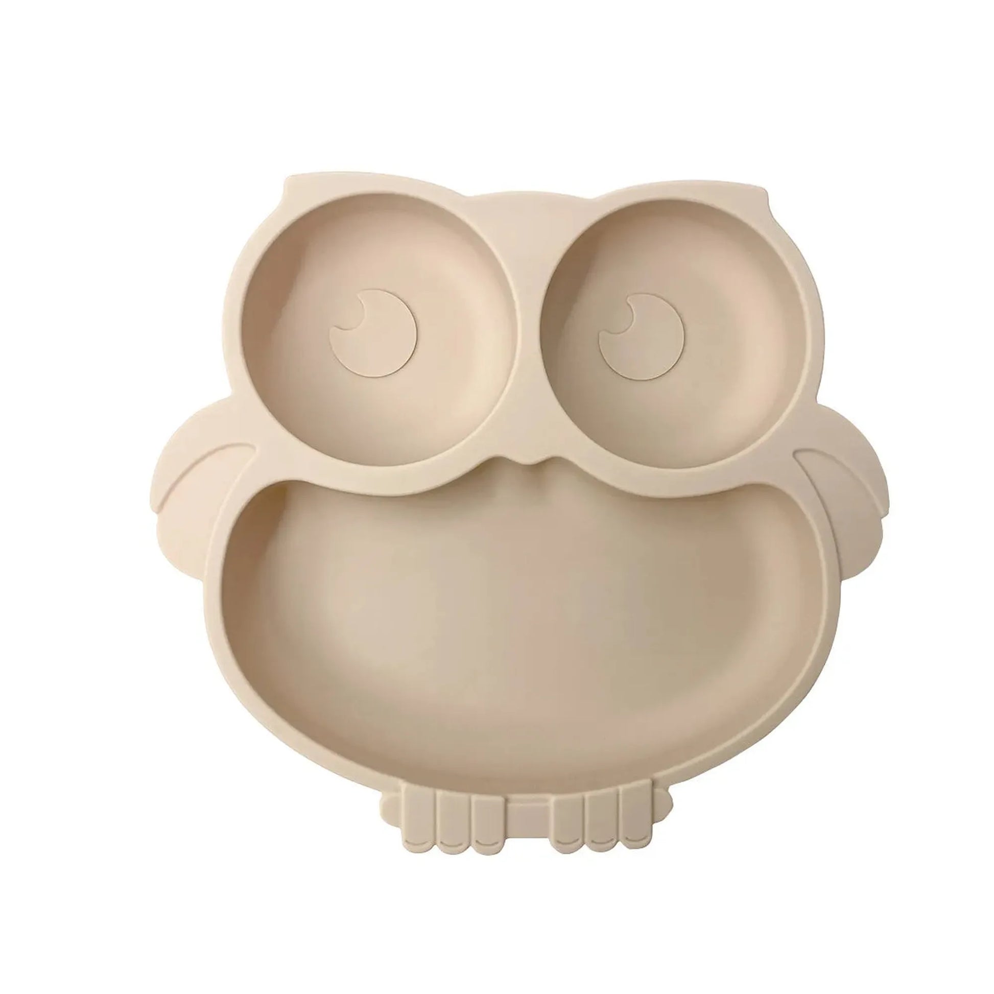 Beige owl-shaped silicone suction plate for self-feeding babies and toddlers.