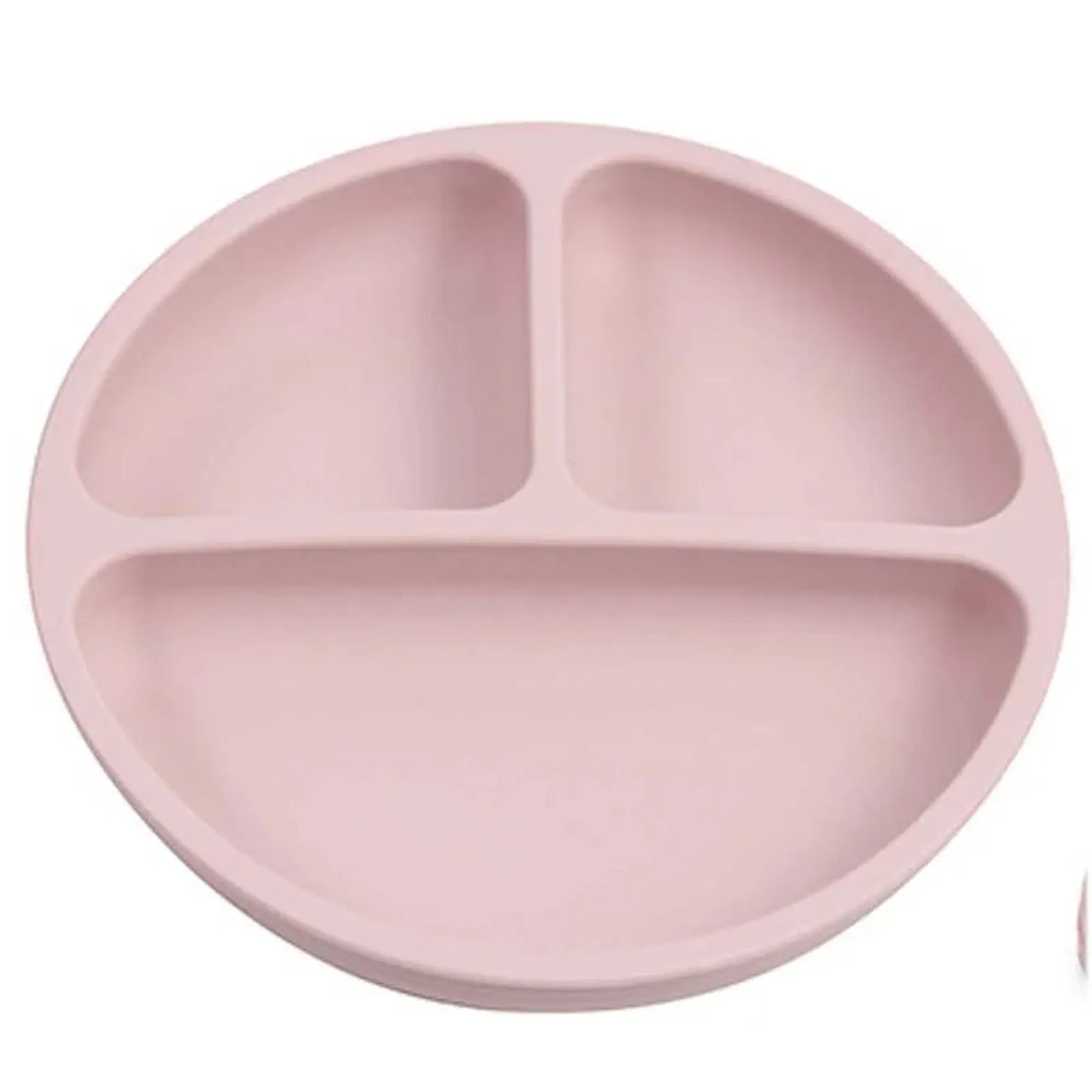 Pink silicone baby plate with strong vacuum base and three divided sections.