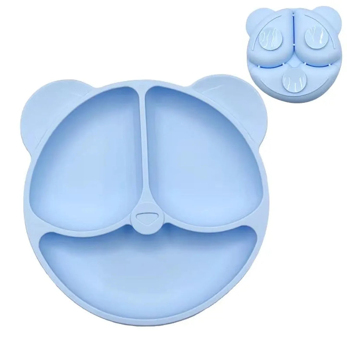 Light blue silicone bear-shaped baby plate with three compartments and strong vacuum suction base.