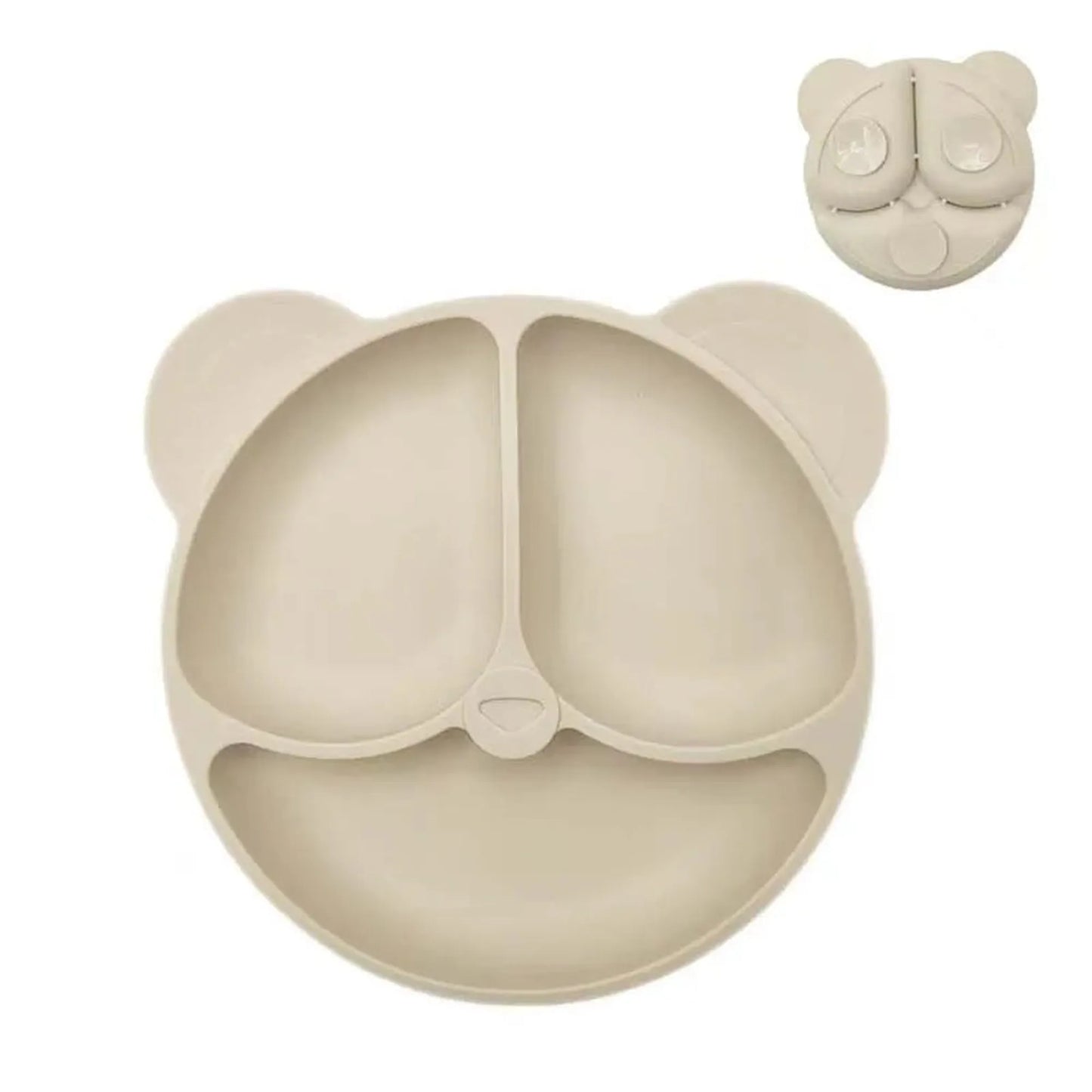 Beige silicone panda plate with three compartments and strong suction base for baby self-feeding.