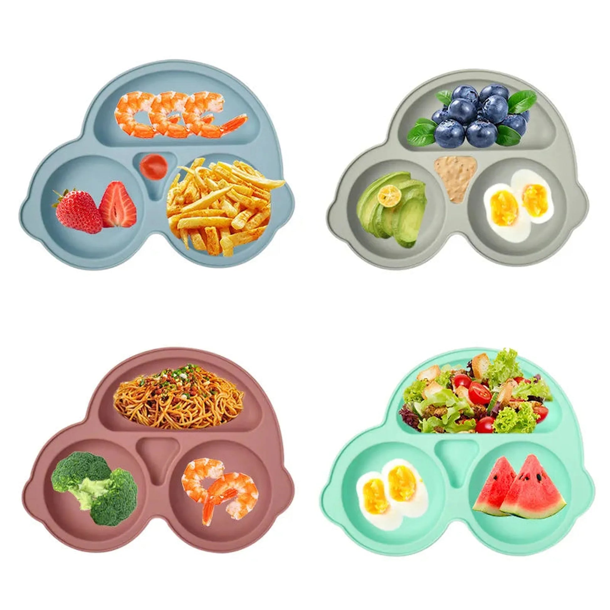 Four car-shaped silicone suction plates in blue, gray, pink, and mint, each with divided sections of food.