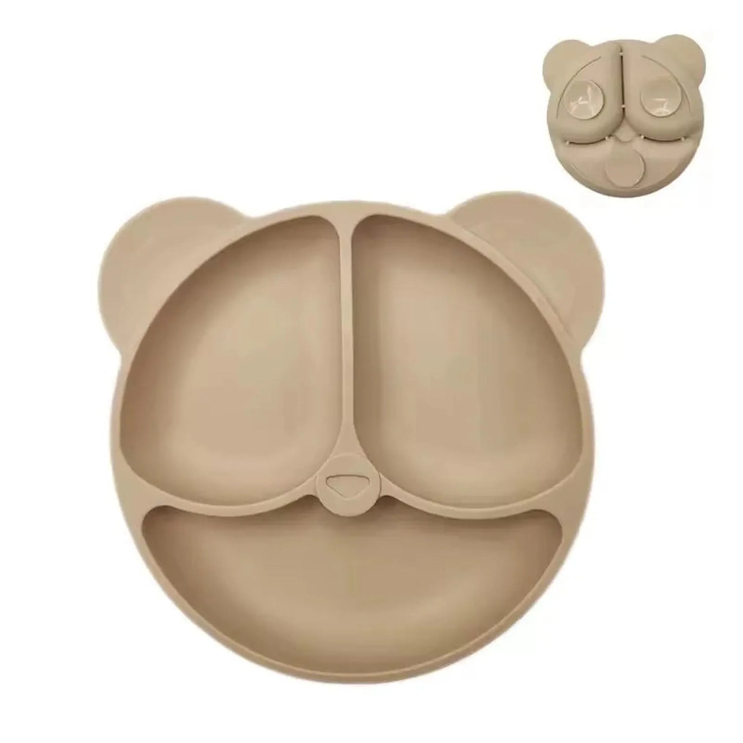 Beige silicone bear-shaped baby plate with three compartments and a strong suction base.