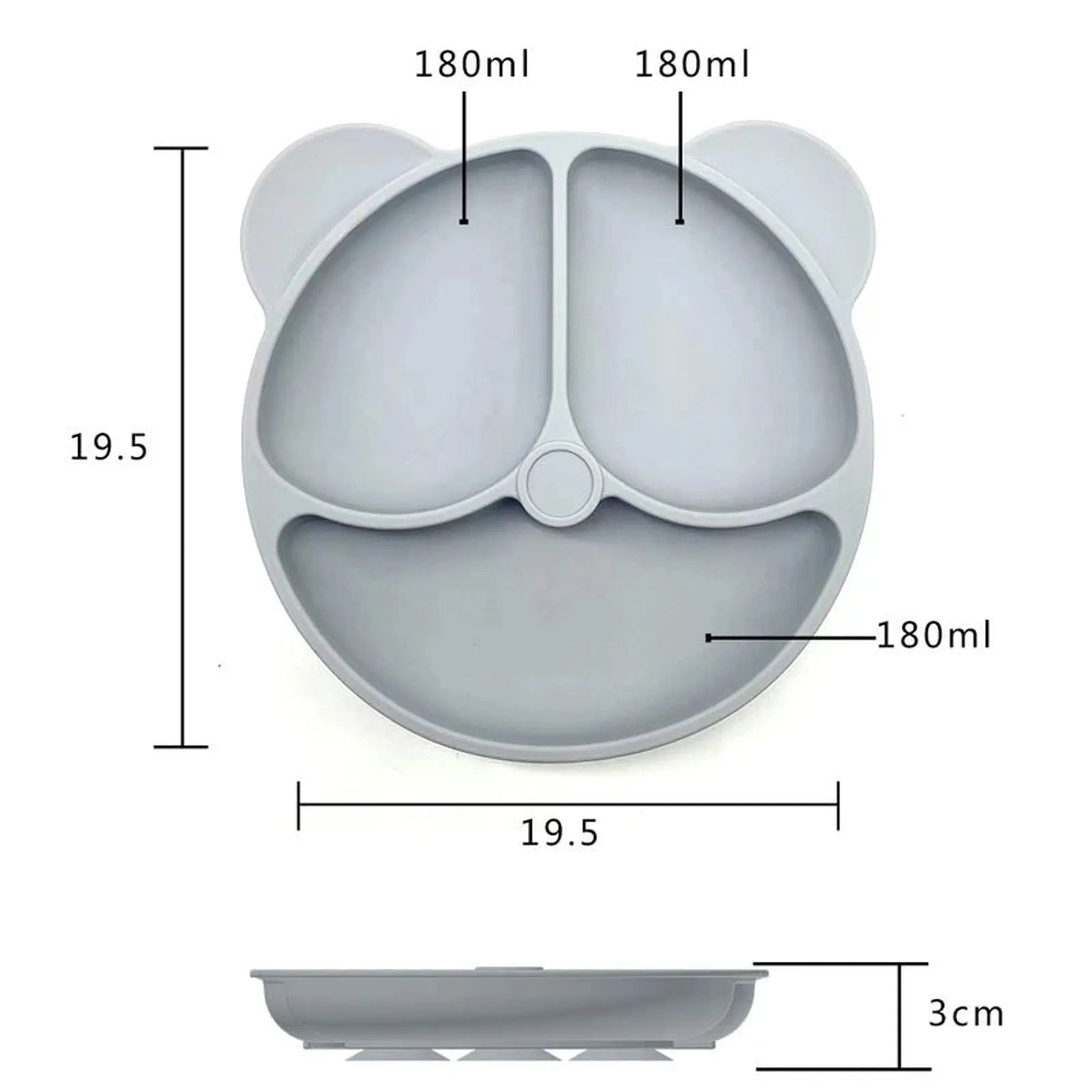 Gray silicone bear-shaped baby plate with three compartments, suction base, and dimensions shown.