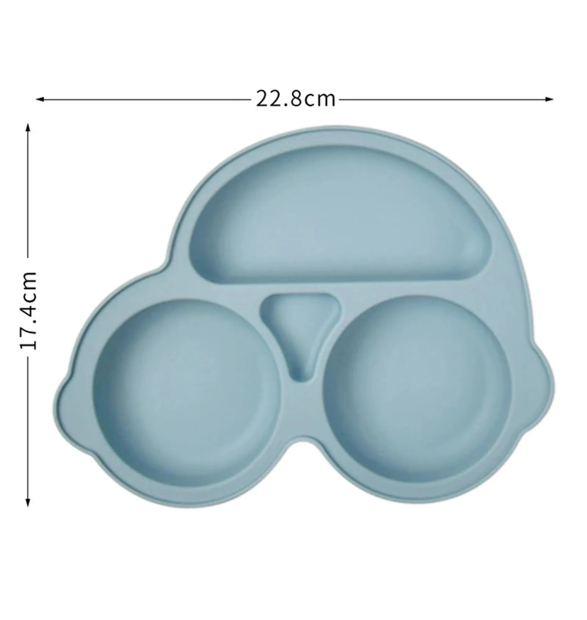 Light blue silicone car-shaped baby plate with vacuum base, divided sections, and dimensions.