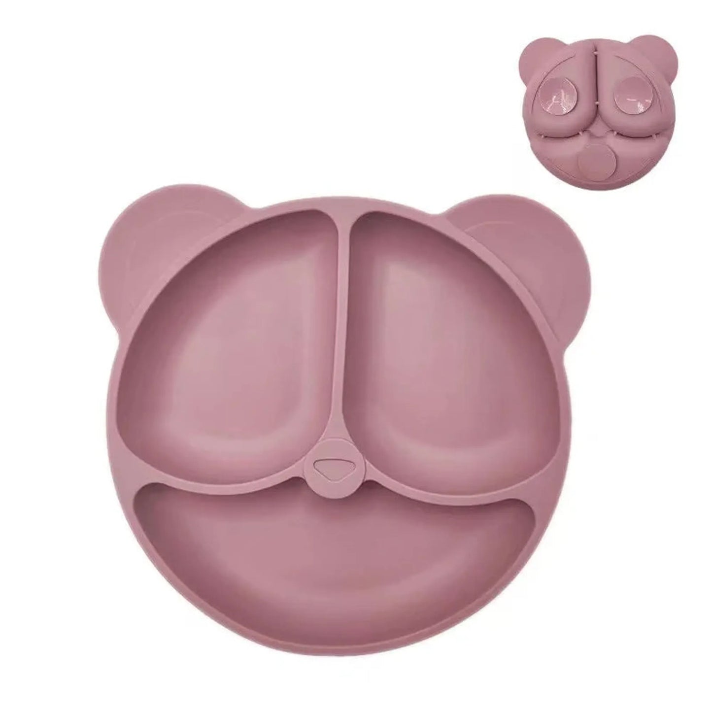 Pink silicone panda-shaped baby plate with three compartments and a strong suction base.