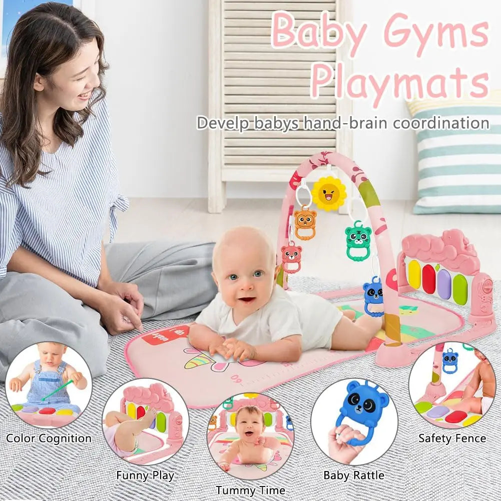 Baby play mat with musical piano, arch with hanging toys, and a smiling baby.