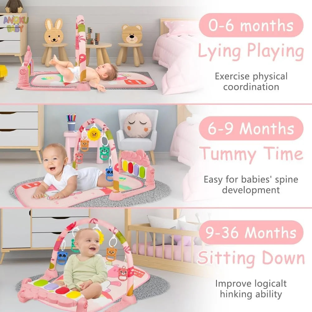 Pink baby activity gym with musical piano, lights, and hanging toys for different developmental stages.