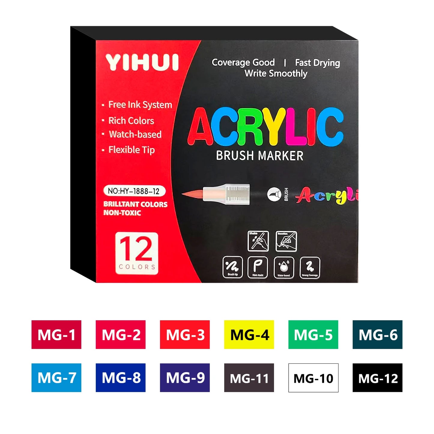 YIHUI 12-color acrylic brush marker set with flexible tips for various surfaces.