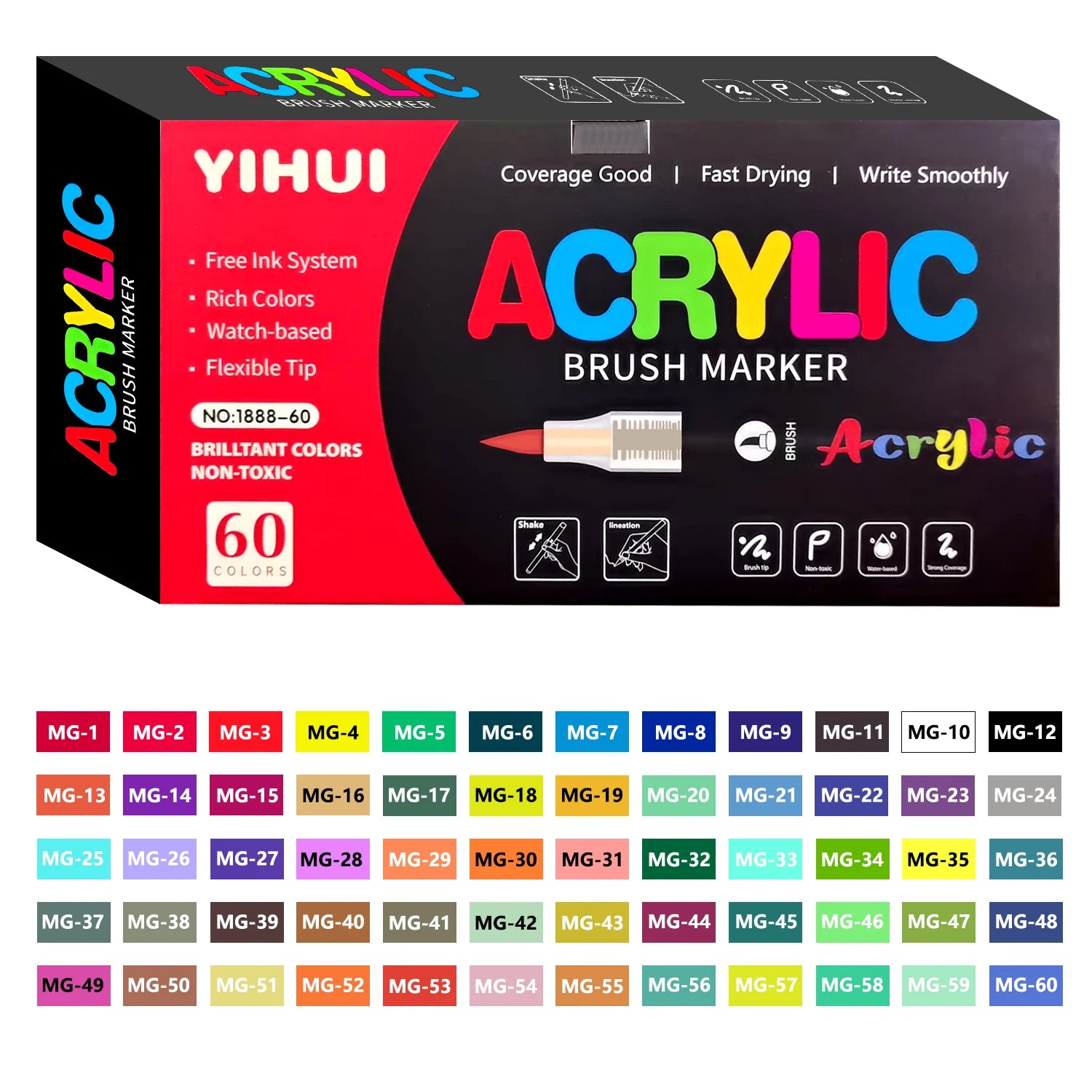 YIHUI acrylic brush markers, 60 vibrant colors, with flexible tips for various surfaces.